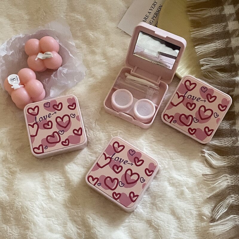 INS Simple Pink Love ~ Niche Girl Heart Colored Contact Lens Case Beauon Pink 64*64*21mm 
